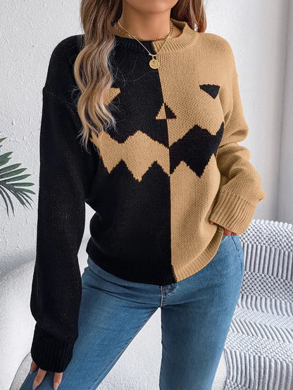 Halloween Contrast-color Pullover Sweater for Women - Long Sleeve Knitted Top - AllvueCo