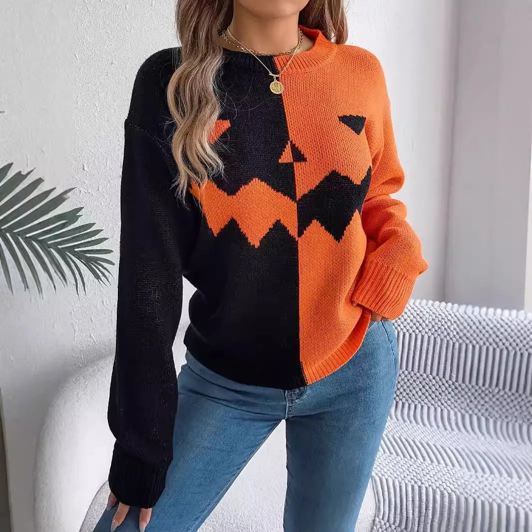 Halloween Contrast-color Pullover Sweater for Women - Long Sleeve Knitted Top - AllvueCo