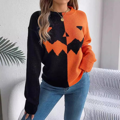Halloween Contrast-color Pullover Sweater for Women - Long Sleeve Knitted Top - AllvueCo