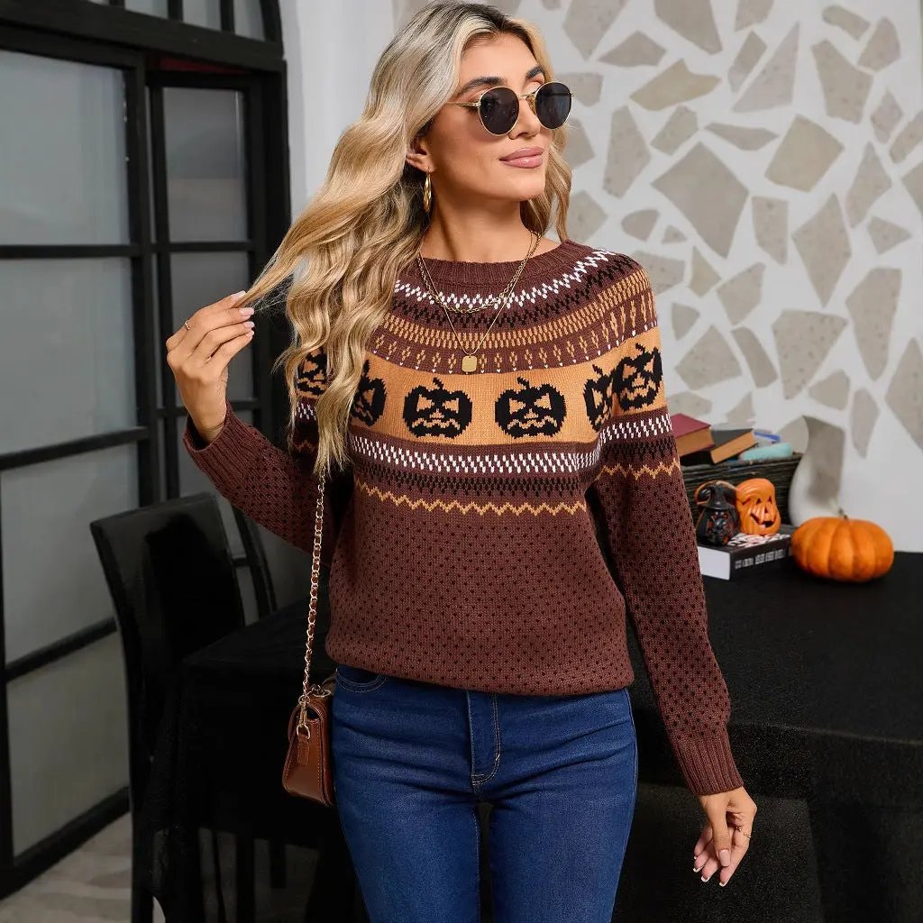 Women's Halloween Pumpkin Embroidered Retro Long-sleeved Sweater - AllvueCo