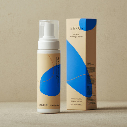 Foaming cleanser bottle with pump, boxed packaging, minimalist design
