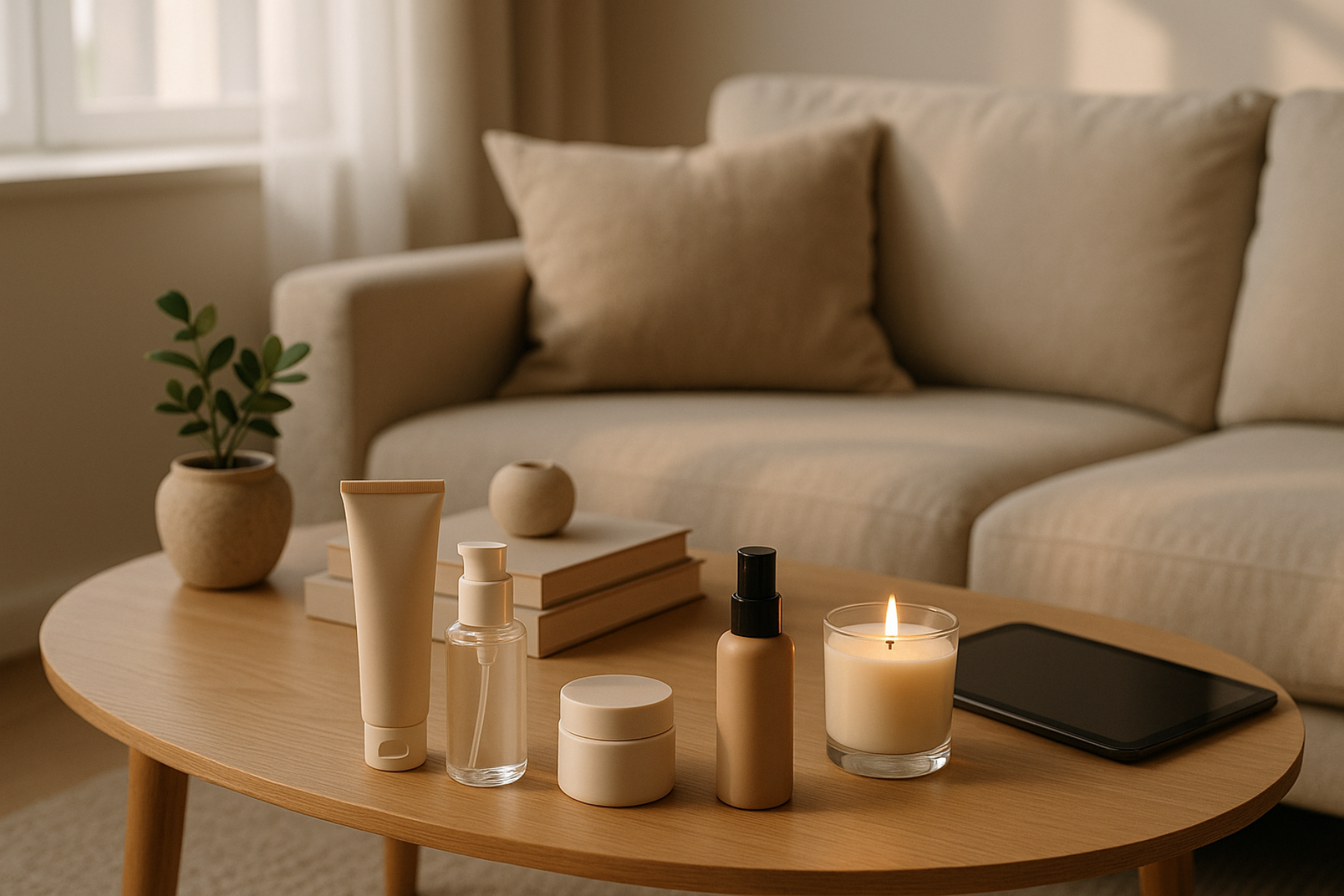 Visual Theme: A cozy, modern living space with soft natural light — a coffee table with beauty products, a glowing candle, a tablet, and elegant home decor pieces.
Mood: Calm, inviting, sophisticated.
Purpose: Introduce AllvueCo as a brand that elevates the everyday through beautiful, functional finds.